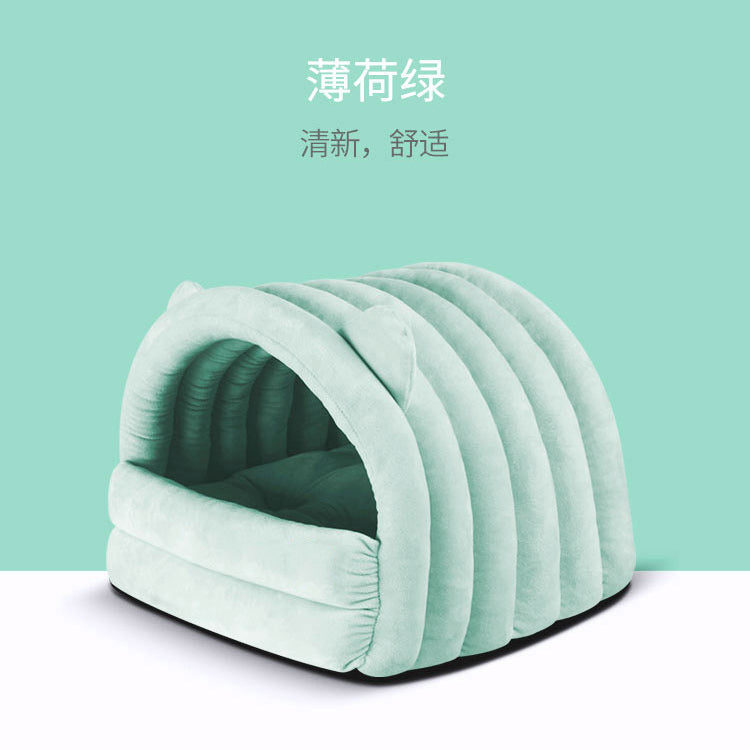 Arched Cute Cartoon Warm Soft Comfortable Flannel Pet Cat Bed Cage