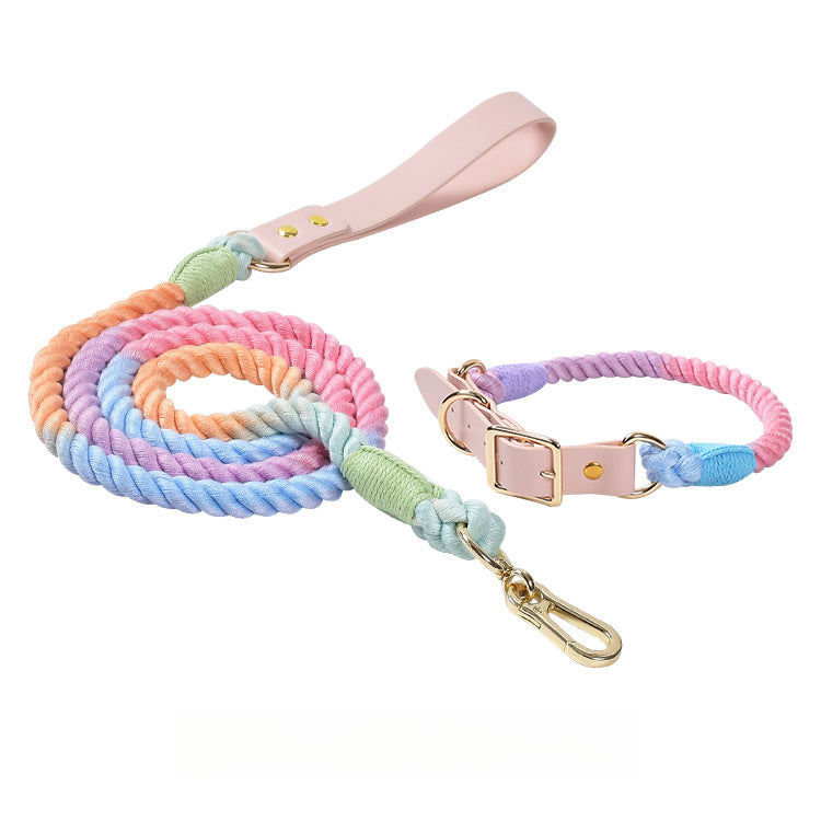 Hand Woven Colored Cotton Rope Large Dog Collar Anti-Pull Leash Set