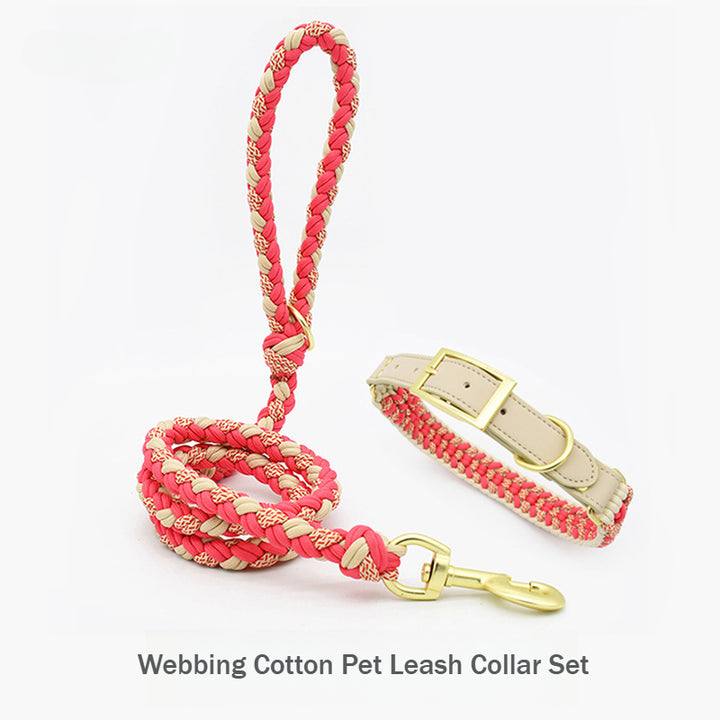 Hand Woven Webbing Patterned Cotton Pet Leash Dog Collar Set