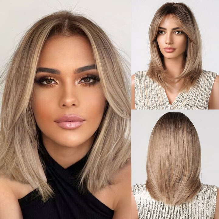 Middle Part Bangs Layering Brown Micro-curl Short Hair Headgear Wig Wholesale