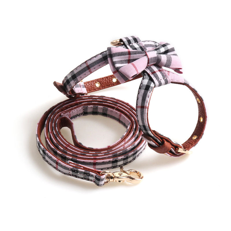 Plaid Bow K Type Leather Pet Dog No Choking Harness Leash Set