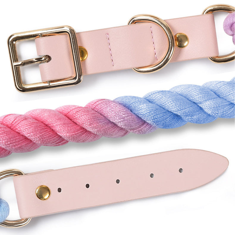 Hand Woven Colored Cotton Rope Large Dog Collar Anti-Pull Leash Set