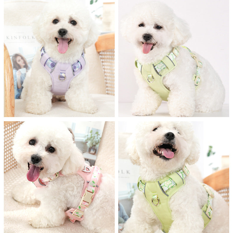 Printed Strap Breathable Reflective Pet Dog Harness Leash Set