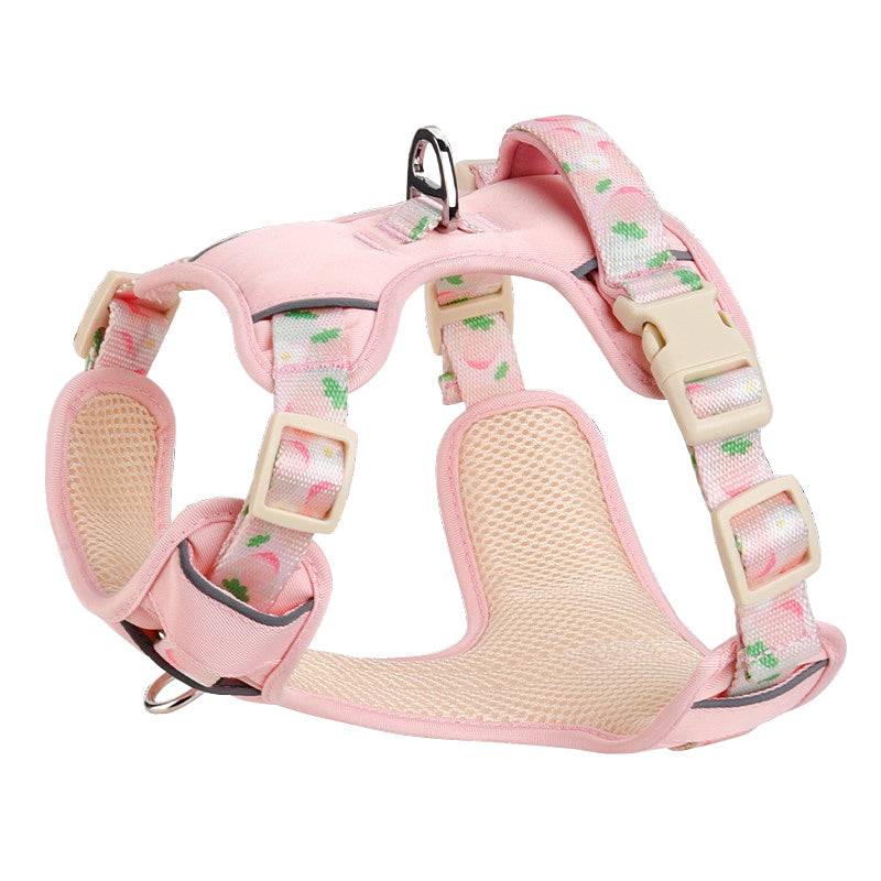 Printed Strap Breathable Reflective Pet Dog Harness Leash Set