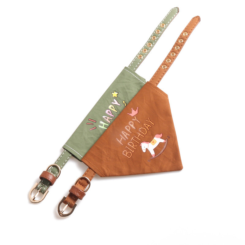 Happy Birthday PU Leather Pet Dog Cat Collar Saliva Bib Scarf