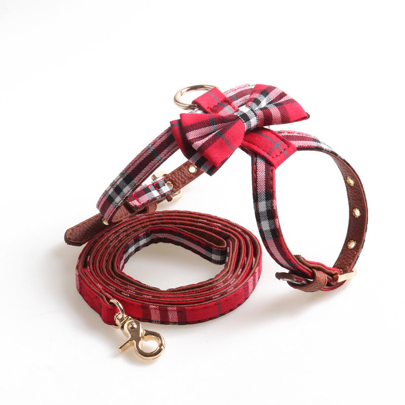 Plaid Bow K Type Leather Pet Dog No Choking Harness Leash Set