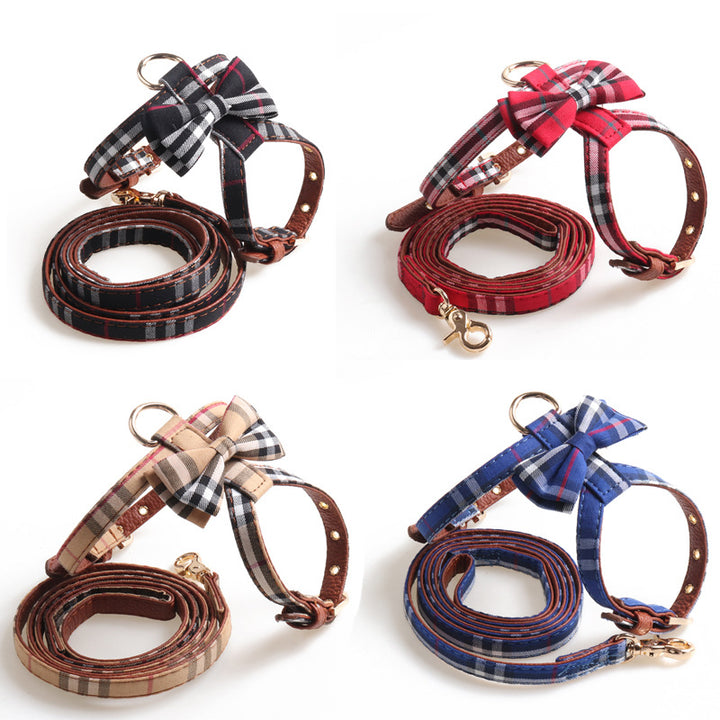 Plaid Bow K Type Leather Pet Dog No Choking Harness Leash Set