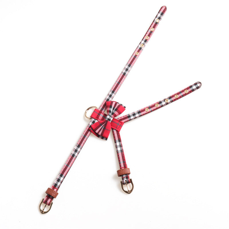 Plaid Bow K Type Leather Pet Dog No Choking Harness Leash Set