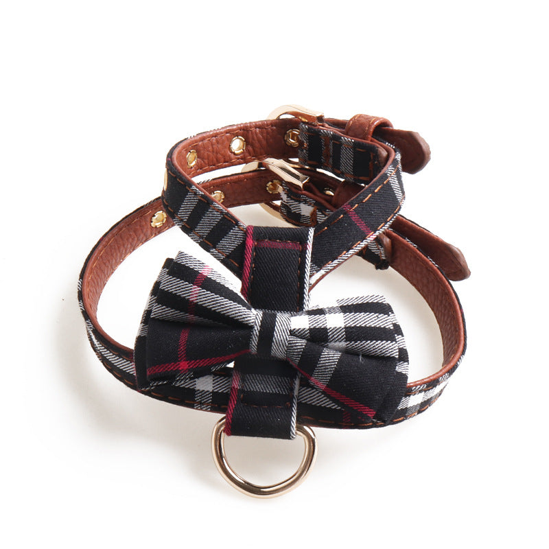 Plaid Bow K Type Leather Pet Dog No Choking Harness Leash Set