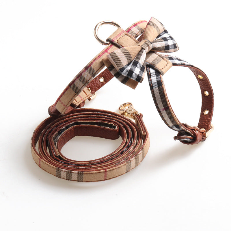 Plaid Bow K Type Leather Pet Dog No Choking Harness Leash Set