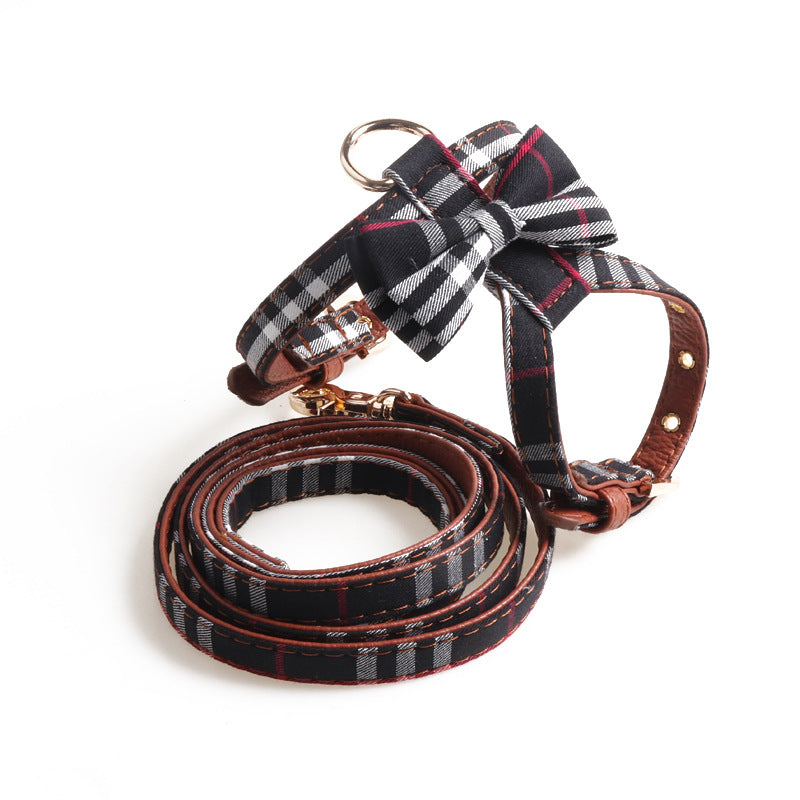 Plaid Bow K Type Leather Pet Dog No Choking Harness Leash Set