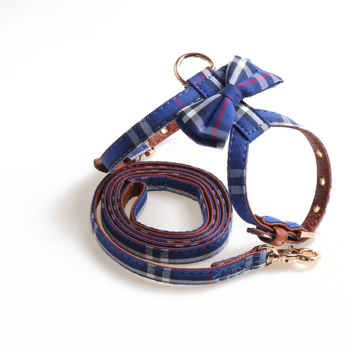 Plaid Bow K Type Leather Pet Dog No Choking Harness Leash Set