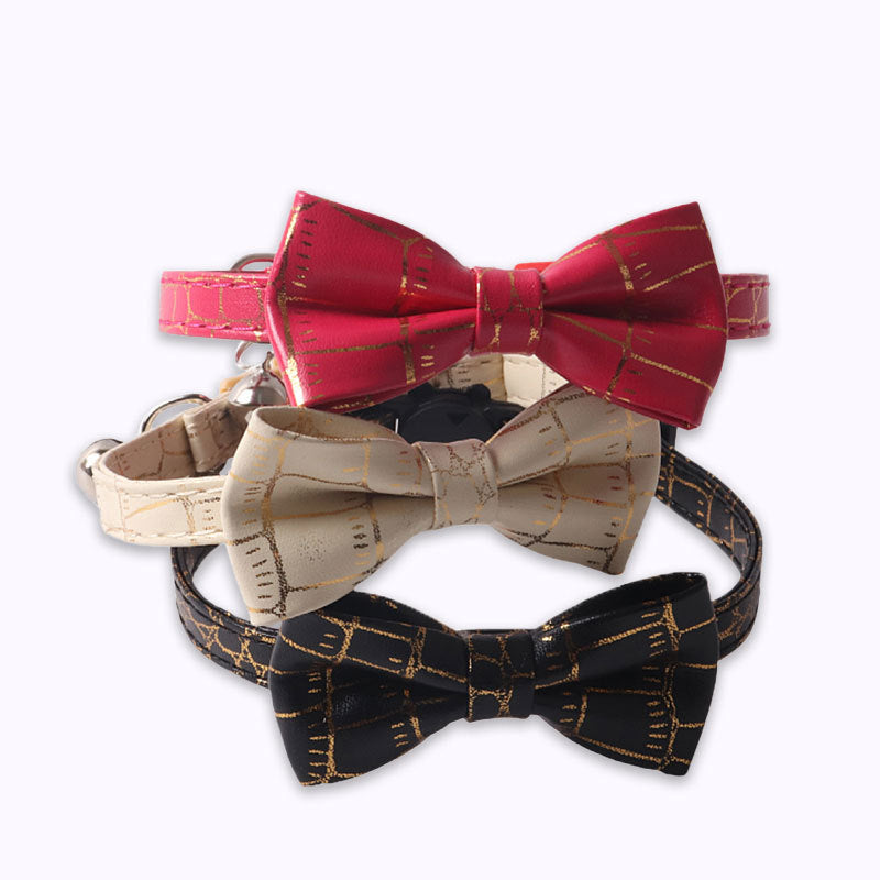 Hot Stamping Gold Soft PU Leather Bow Pet Cat Collar with Bell
