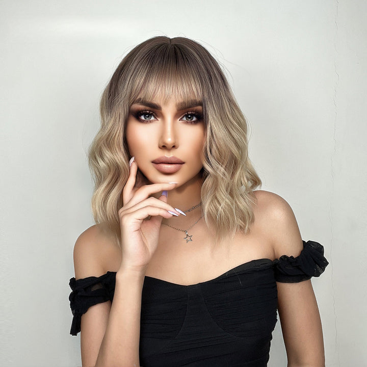 Neat Bangs Gradient Brown BOBO Short Curly Hair Headgear Wig Wholesale