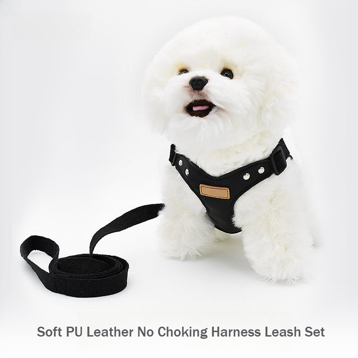 Soft PU Leather Dog Pet Comfortable No Choking Harness Leash Set
