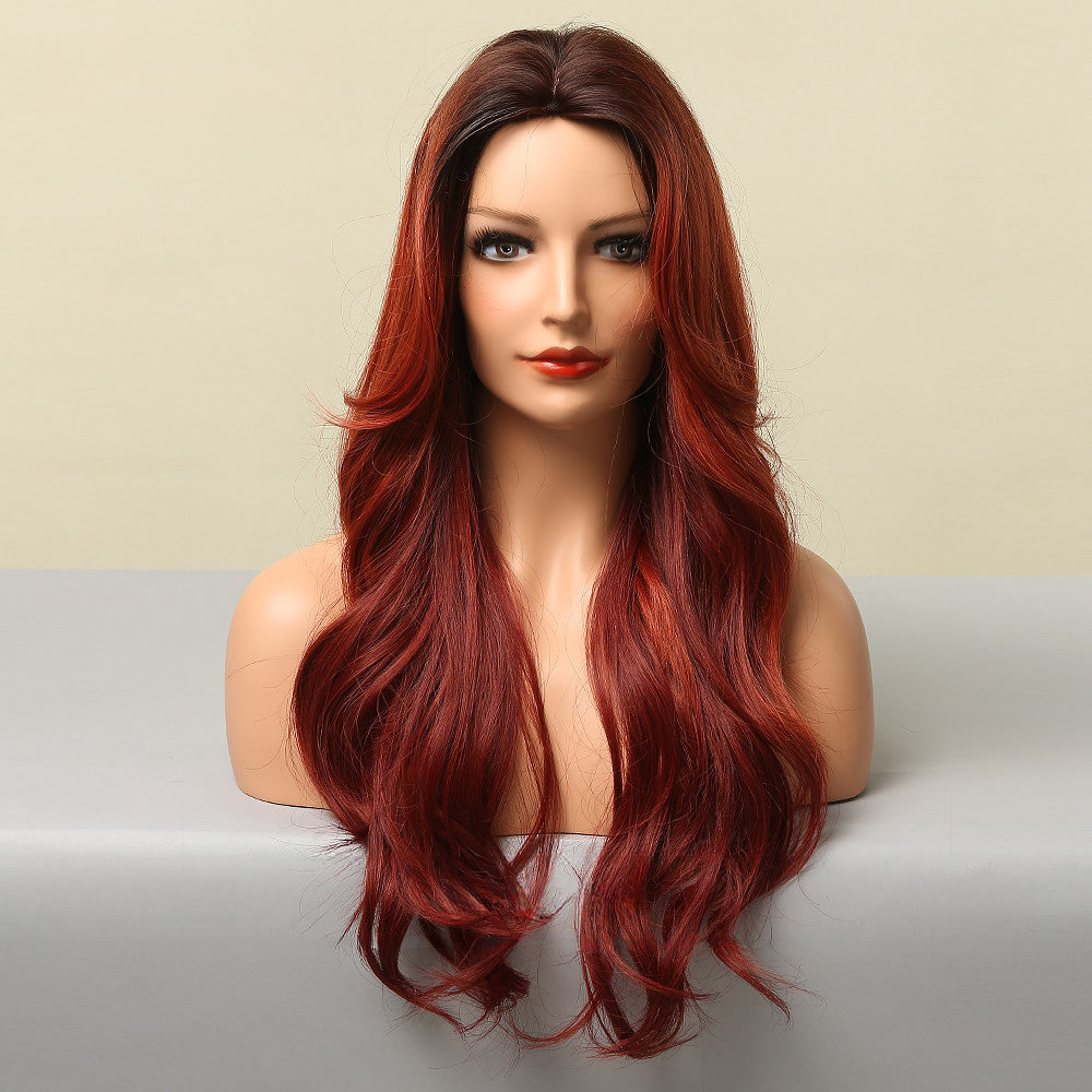 Middle Part Gradient Red Big Wave Long Curly Hair Headgear Wig Wholesale