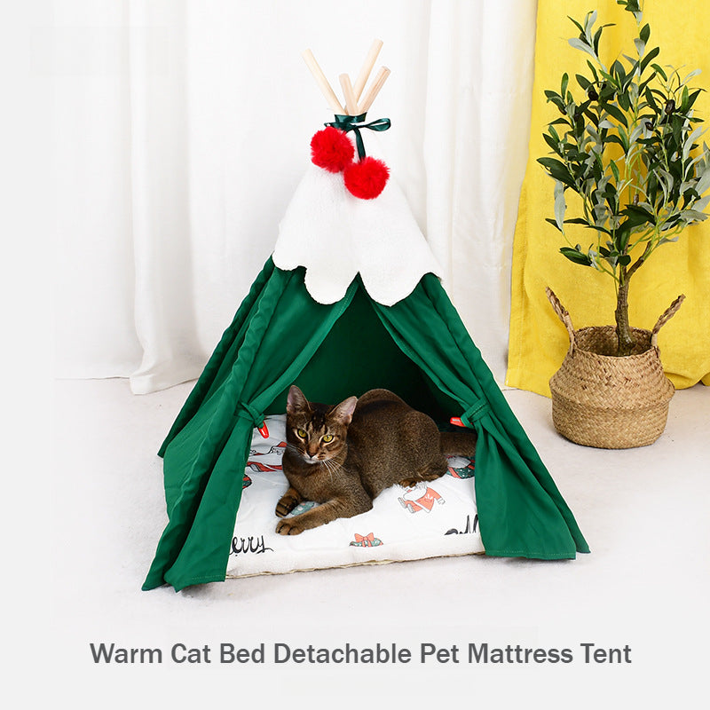 Christmas Warm Comfortable Cat Bed Detachable Pet Mattress Tent