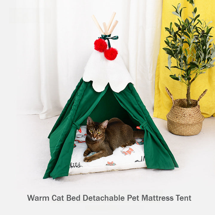 Christmas Warm Comfortable Cat Bed Detachable Pet Mattress Tent