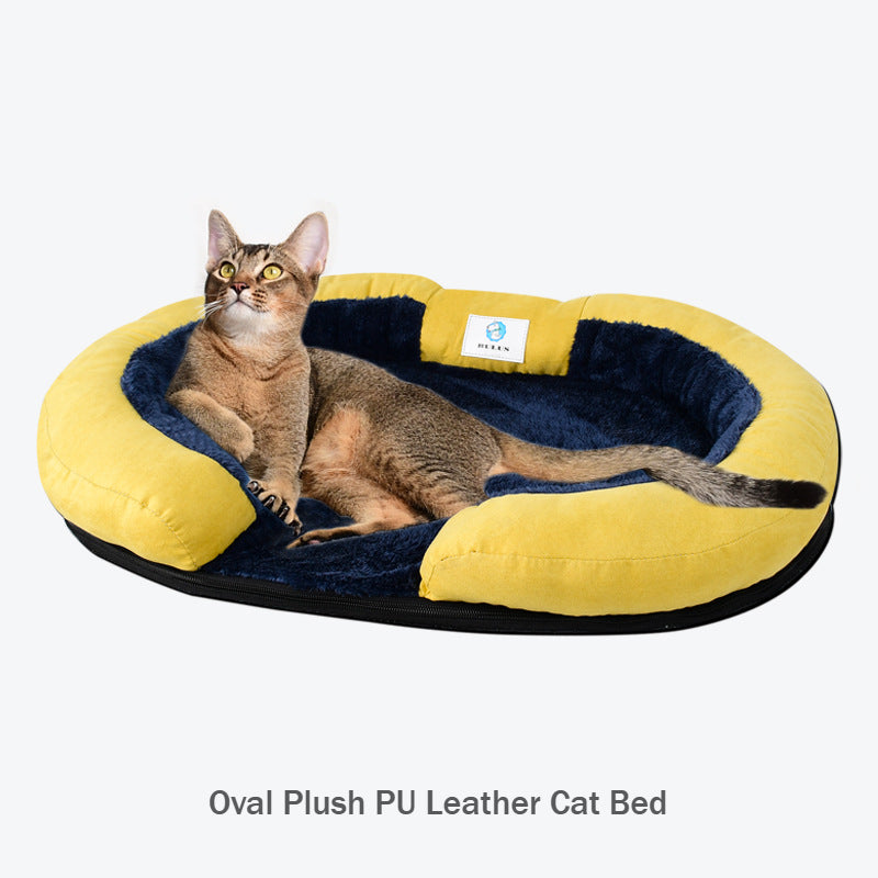 Oval Warm Soft Plush ECO PU Leather Comfortable Cat Bed Pet Pad