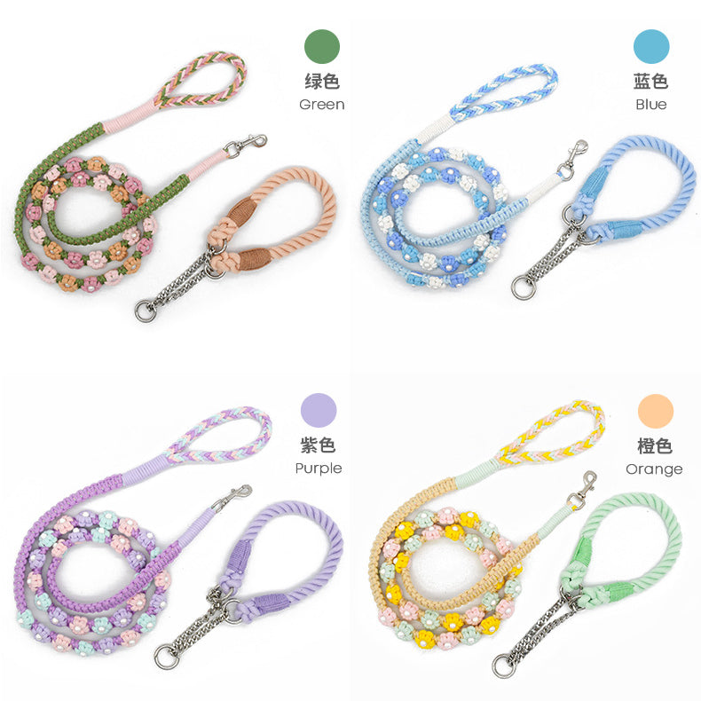 Hand Woven Flower Rope Dog Leash P-Type Metal Chain Collar Set