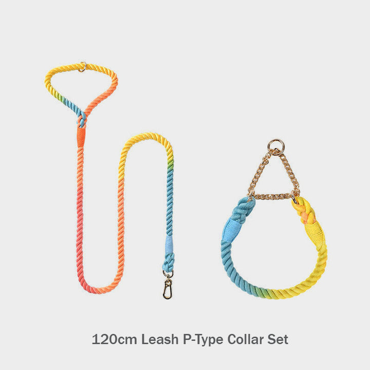 Hand-woven Rainbow Cotton 120cm Pet Dog Leash P-Type Collar Set
