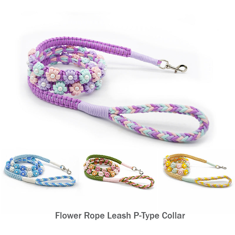 Hand Woven Flower Rope Dog Leash P-Type Metal Chain Collar Set
