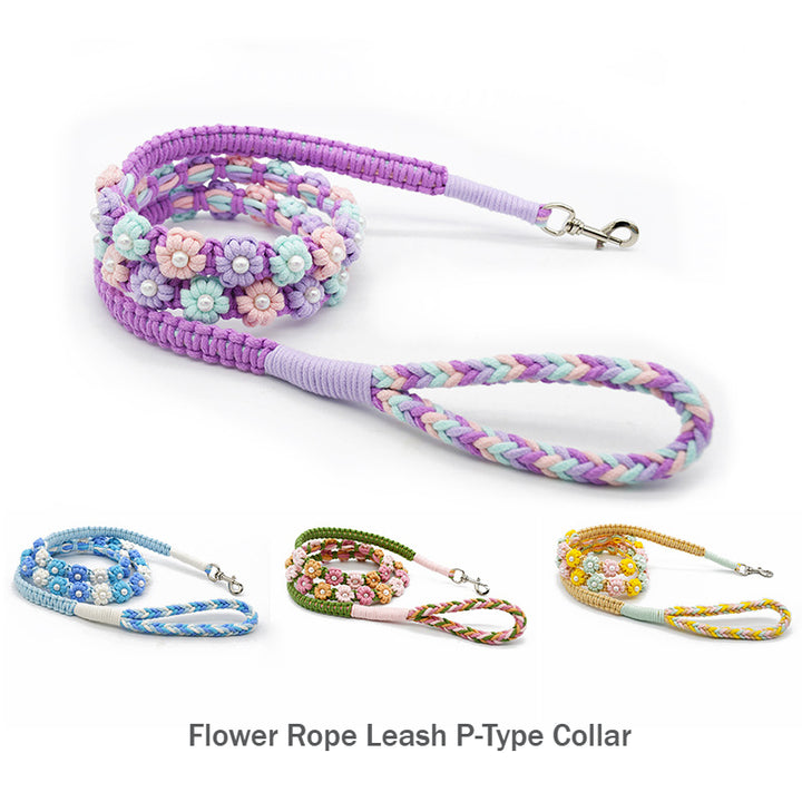 Hand Woven Flower Rope Dog Leash P-Type Metal Chain Collar Set