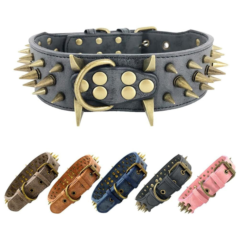 Bullet Rivet Large Dog Adjustable Retro PU Leather Pet Collar