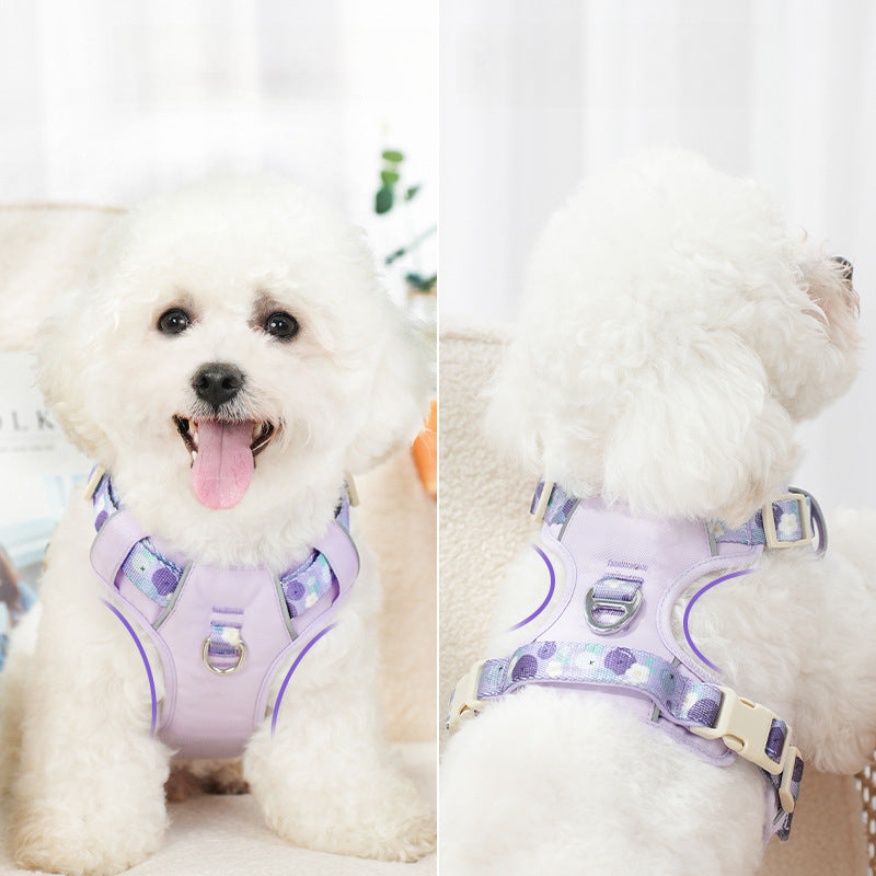 Printed Strap Breathable Reflective Pet Dog Harness Leash Set