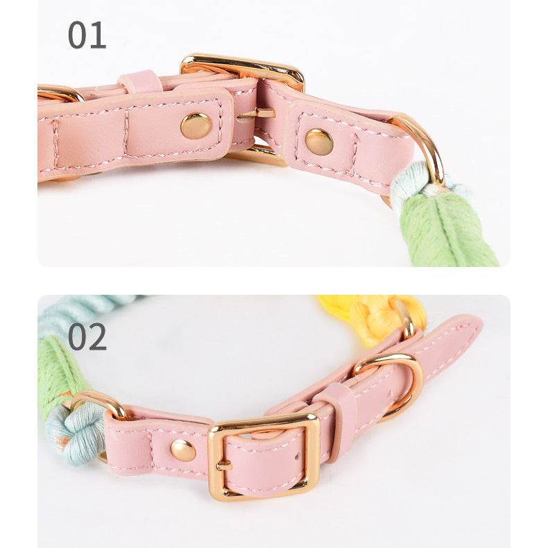 Hand Woven Colored Cotton Rope Large Dog Collar Anti-Pull Leash Set