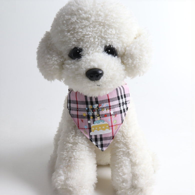 Plaid Pattern Birthday Triangle Towel Saliva Pet Bib Bow Collar