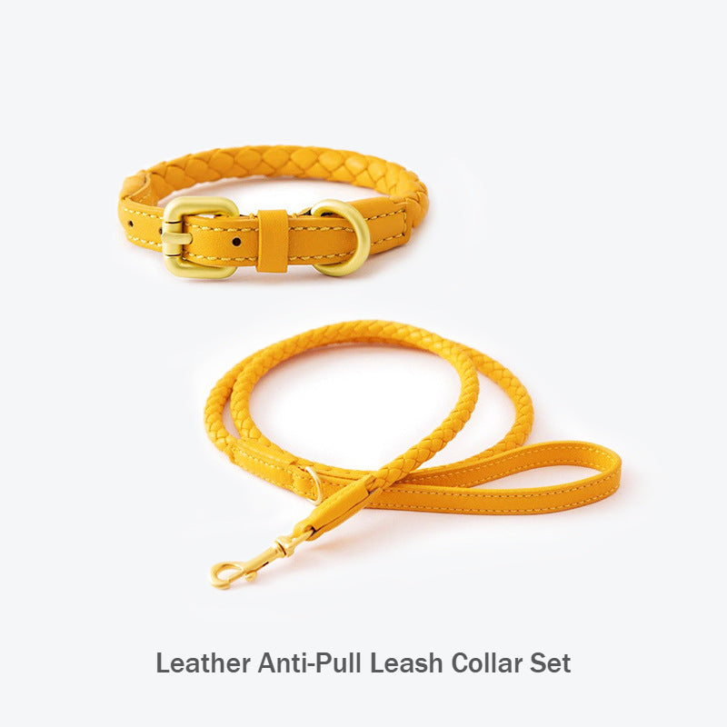 Soft Woven Leather Gold Metal Dog Anti-Pull Leash Pet Collar Set