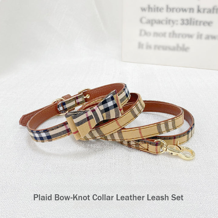 Printed Plaid Fashion Bow-Knot Pet Dog Collar Leather Leash Set