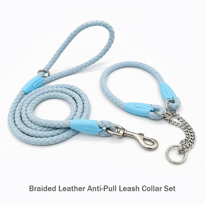 Braided Leather Dog Anti-Pull Leash Metal Chain P-Type Collar Set
