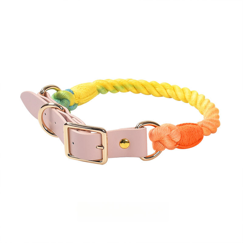 Hand Woven Colored Cotton Rope Large Dog Collar Anti-Pull Leash Set