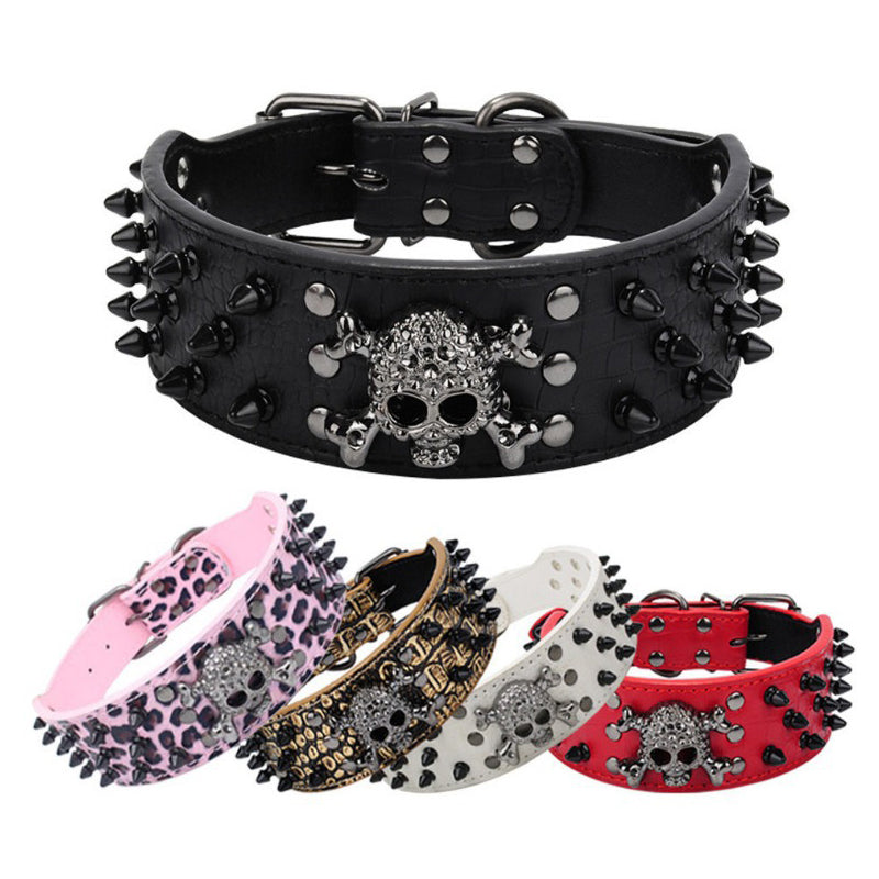 Rivets Skull Large Dog Adjustable Thick PU Leather Pet Collar
