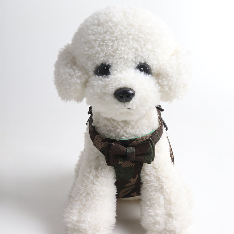 Camouflage Bow Fabric Leather Pet Dog No Choking Harness Leash Set
