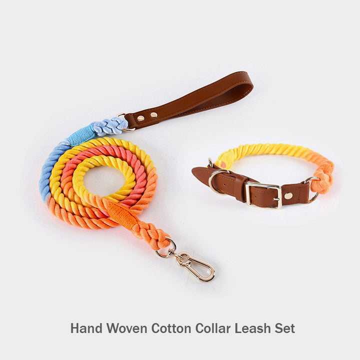 Hand Woven Colored Cotton Rope Anti-Pull Leash Large Dog Collar Set
