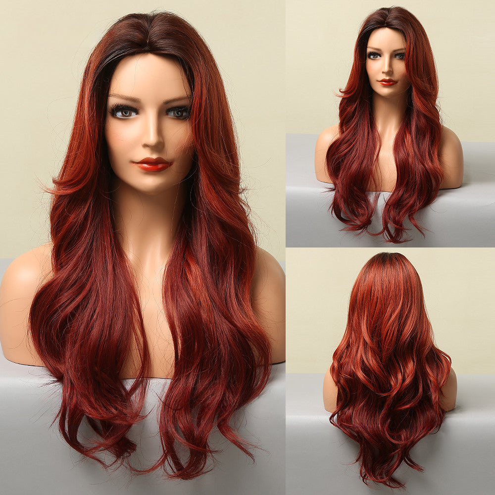 Middle Part Gradient Red Big Wave Long Curly Hair Headgear Wig Wholesale