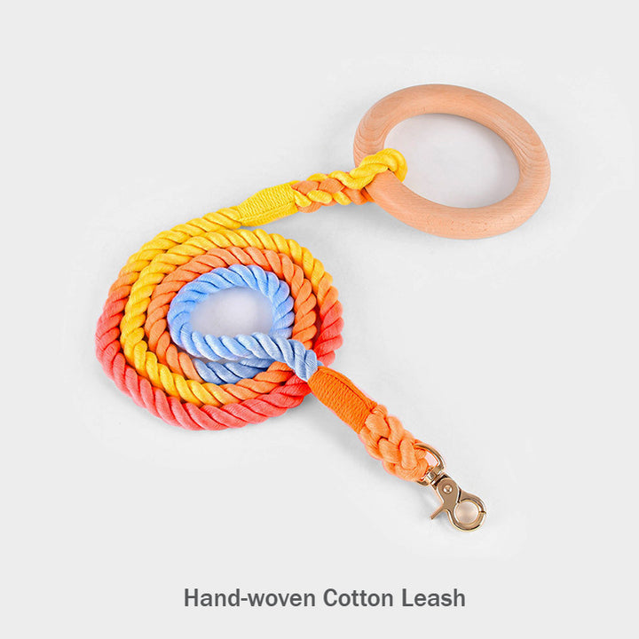 Hand-woven Rainbow Cotton Rope Pet Large Dog Leash with Wood Handle