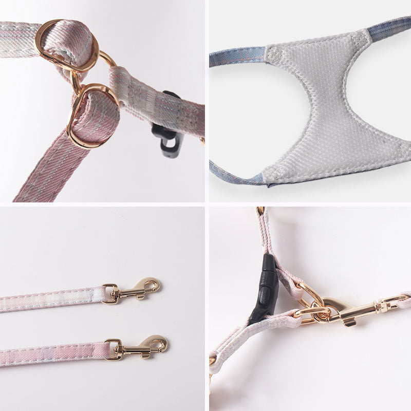 Breathable Mesh Plaid Fabric Pet Dog No Choking Harness Leash Set