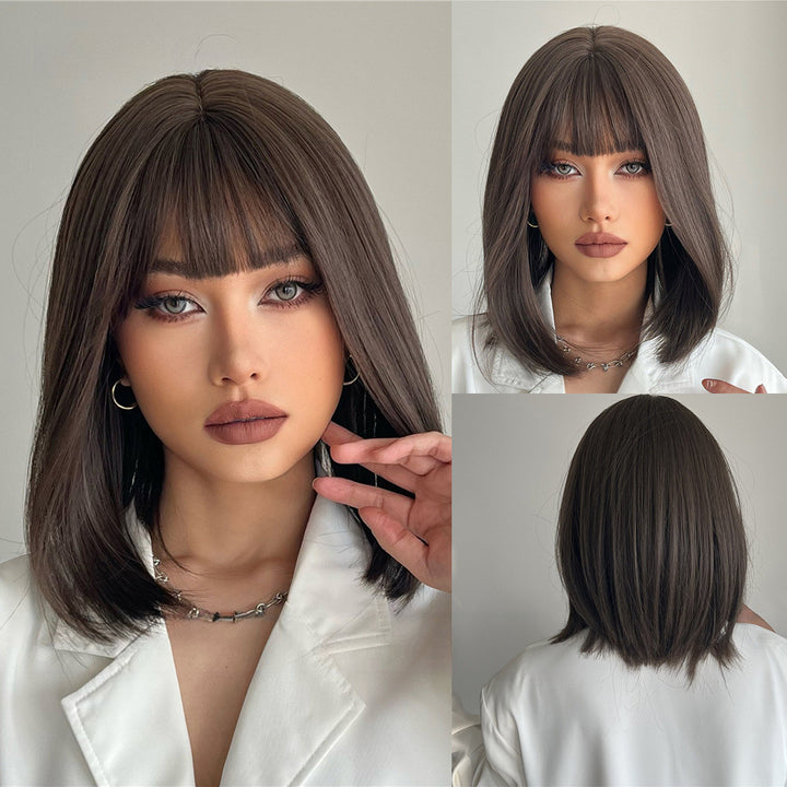 High-temperature Fibre Neat Bangs Black Short Hair Full Cover Wig Wholesale