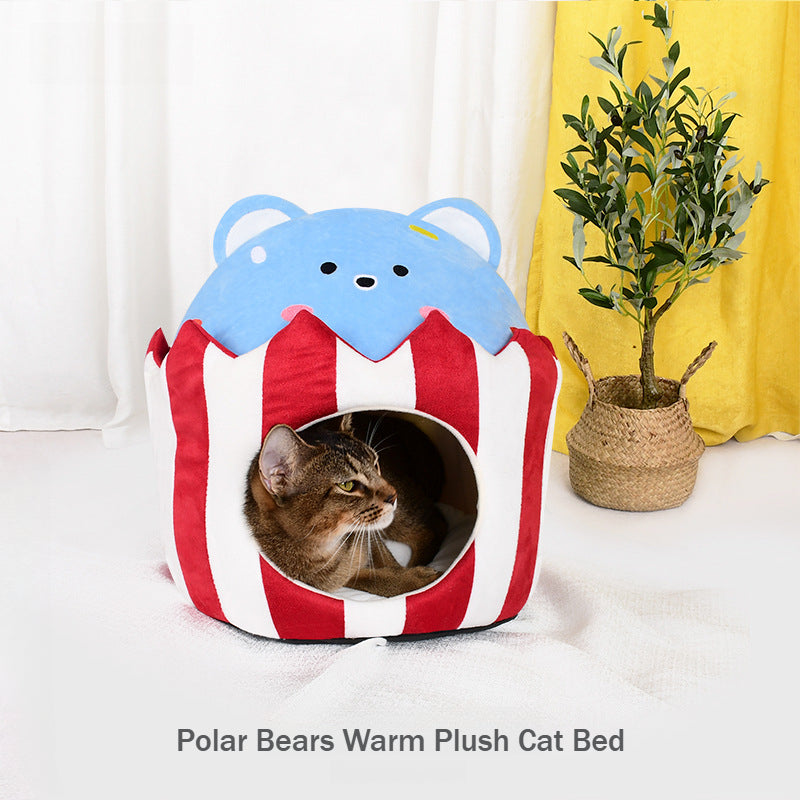 Cute Polar Bears Winter Warm Soft Plush Comfortable Cat Bed Cage