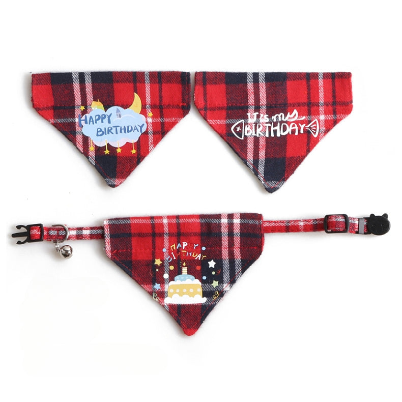 Plaid Birthday Triangle Towel Cotton Pet Saliva Bib Bow Collar