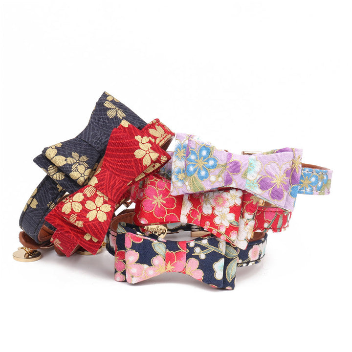 Red Blue Stamping Gold Floral Bow PU Leather Pet Dog Cat Collar