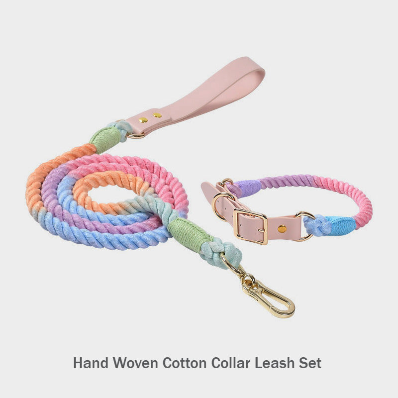 Hand Woven Colored Cotton Rope Large Dog Collar Anti-Pull Leash Set