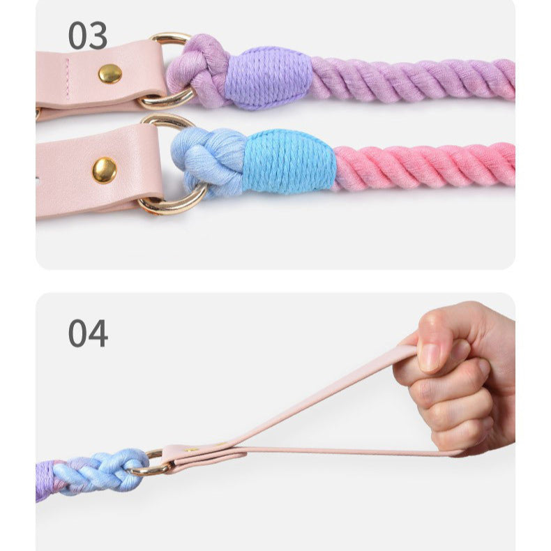 Hand Woven Colored Cotton Rope Large Dog Collar Anti-Pull Leash Set