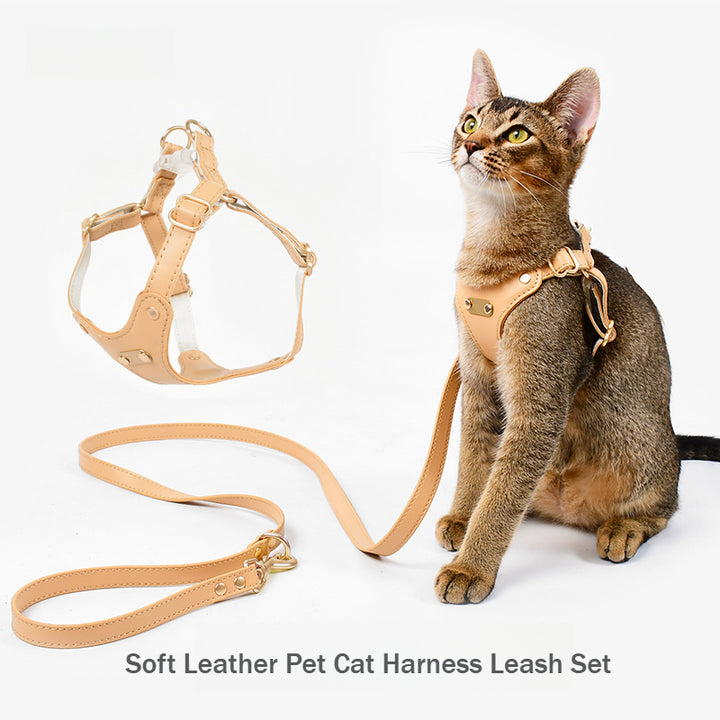 Waterproof Soft Leather Comfortable Fit Pet Cat Harness Leash Set