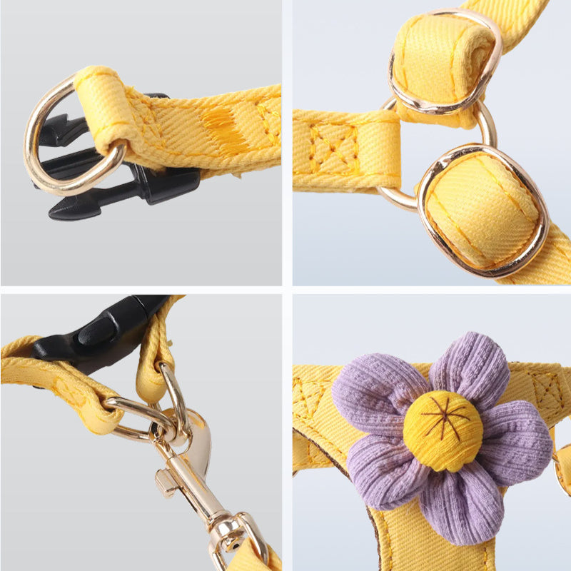 Denim Fabric with Flower Pet Dog No Choking Harness Leash Set