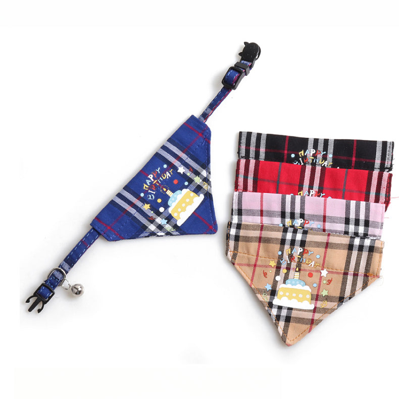 Plaid Pattern Birthday Triangle Towel Saliva Pet Bib Bow Collar